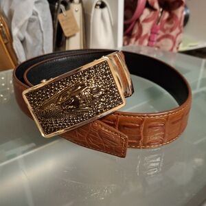 Luxury Brown Embossed Leather Belt with Gold Buckle